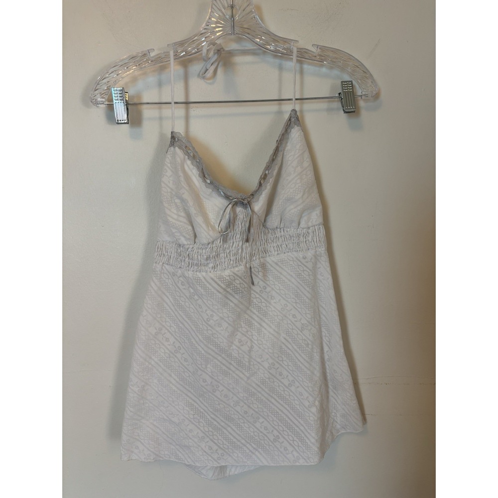 Charlotte Russe Y2K Halter Top Babydoll White Smocked Bust Lace Ribbon Trim L